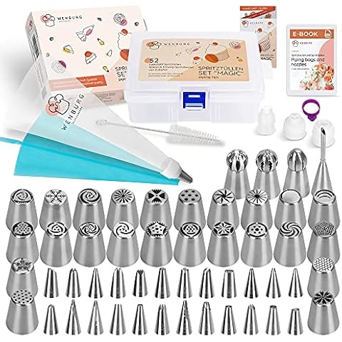 Wenburg Spritzbeutel mit Tüllen - 100-tlg. Torten Spritztüllen Set aus Edelstahl - Profi Spritzbeutel Set für den ambitionierten Hobby Bäcker - Vielseitig Einsetzbares russische Spritztüllen Set Cover