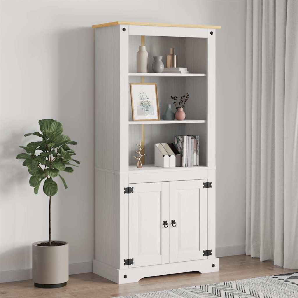 Rustic White Side Cabinet with Brown Top Solid Pinewood Storage Cupboard for Dining Room Indoor Use 15.7 x 31.5 x 66.9 in Durable Storage Locker with Two Doors and Five Shelves