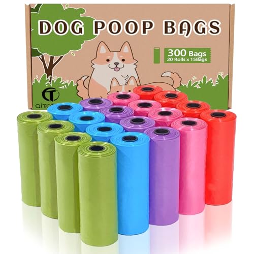 AiTodos® 300 pezzi Sacchetti Cane Cacca, 5 Colori, Sacchetti Cane-31*22 cm, Materiale in Polietilene, Portatil, Verde, Blu, Viola, Rosa, Rosso (20 Rotoli, 15 per Rotolo)