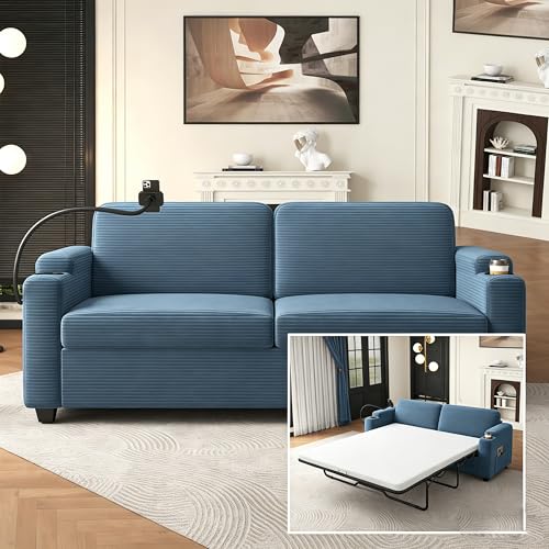 Image of ERYE 72-Inch 2 Seat Sofa Couches W /Foldable Full Size Memory Mattress Sleeper Bed, Functional Convertible Loveseat Sofa Striped Corduroy Upholstered Couch for Home Apartment