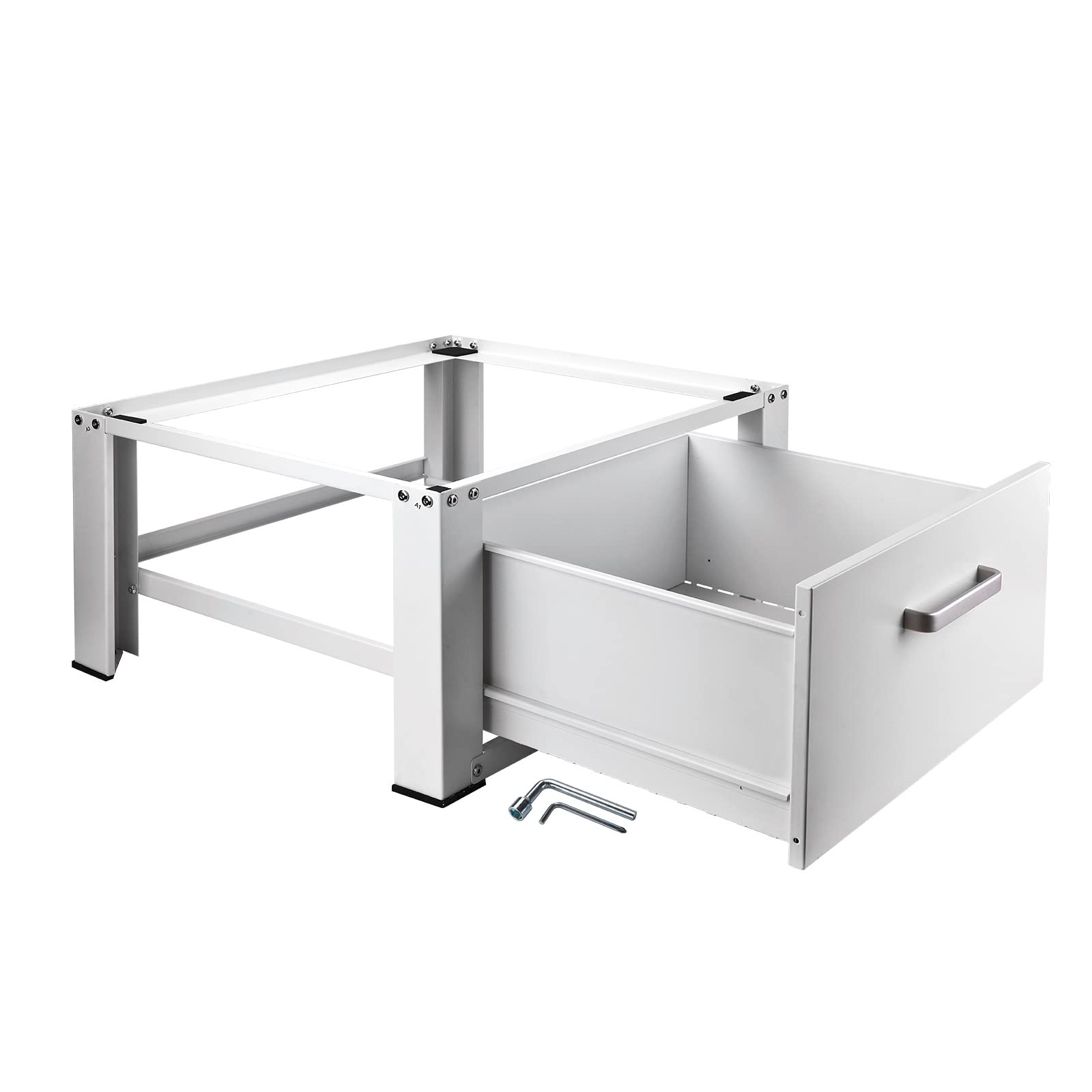 Kestek Waschmaschinen Untergestell Podest Sockel mit Schublade 100 kg weiß | Waschmaschinenständer, Trockner Podest, Ergonomischer Sockel, Anti Rutsch, Stauraum Schublade, Stahlrahmen, 30 cm Erhöhung