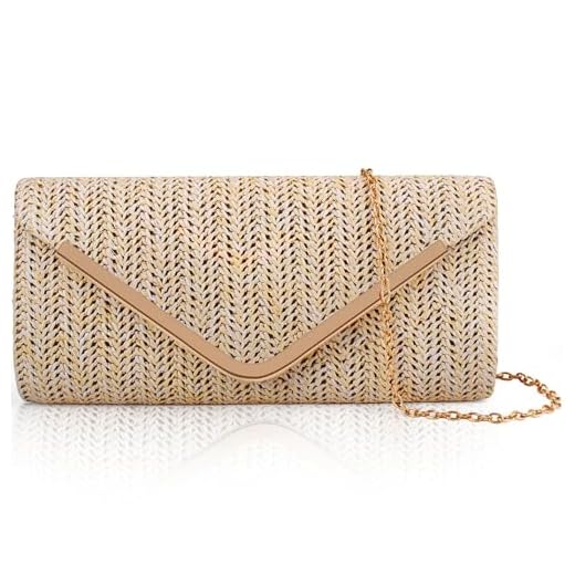 Larcenciel Pochette Donna, Borse Mare Donna Bohémien Intrecciata con Catena, Borsa Paglia Fatte a Mano, Elegante Borsa a Tracolla a Busta per Spiaggia Estiva, Festa, Vacanza, 22×12×3CM