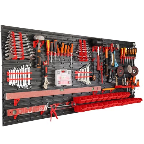 Werkzeugwand Wandregal mit 200x80 cm Abmessungen Behälter 23 tlg. Set im Schwarz/Rot Werkzeughalter Werkstattregal aus Kunststoff Lagersystem Schüttenregal Extra Starke Regal Erweiterbar Lagerregal
