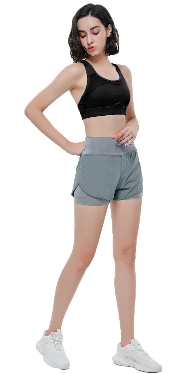 VIGVAN 2 in 1 Laufhose Damen Sport Shorts Sommer Kurze Hose Schnelltrocknend Fitness Yoga Shorts Gym Jogging Training Sporthose für Damen mit Taschen (GY, M)