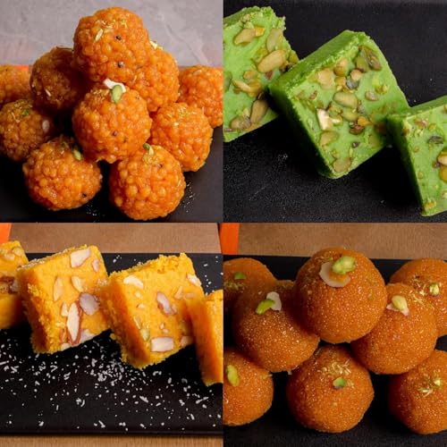 Mixed Indian Sweets Gift Box | Boondi Ladoo Pistachio Barfi Coconut Barfi & Motichur Ladoo Pack of 4 piece (1 Each) | Traditional Mithai (Pack of 1)