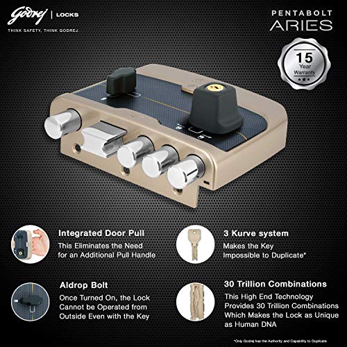 Image of Godrej Rim Lock I Pentabolt Aries 3KS I 5 Bolts I 2C Deadbolt I for Inside Opening Door l Left /Right Handed Doors I 4 Keys I 15-Year Warranty I Manual Locking I Vegas Gold Finish