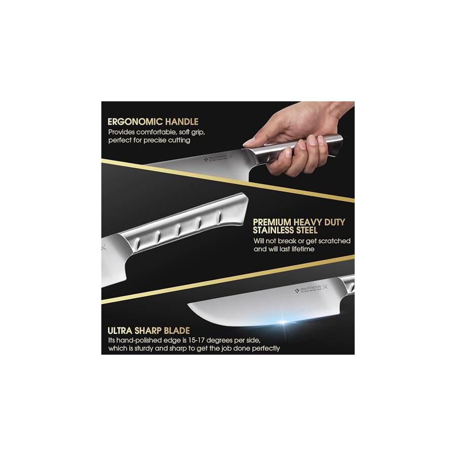 Block Knife Set, 15 PCS German Stainless Steel Sharp Kitchen Knives with Black Acrylic Stand, Professional Chef Knife Set with Steak Knives, Sharpener and Scissors