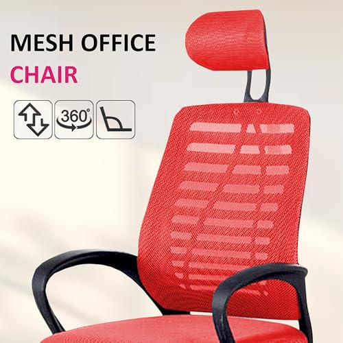 Image of Casa Copenhagen,Mesh Office Desk,Rocking, Ergonomic Computer Chair Adjustable High with Headrest and Comfortable Armrest Swivel Chair - Red & Dark Black Handle