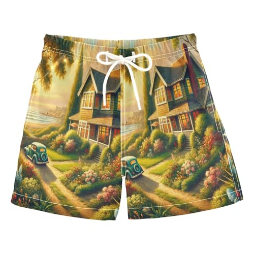 Seaside Cottage Flowers Boys Swim Trunks Quick Dry Toddler Swimsuit Boy Bathing Suits Board Shorts Swimwear S