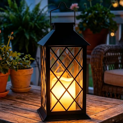 Image of 14 inch Large Tempered Glass Solar Lanterns Outdoor Waterproof | Black retro solar lantern with flickering flameless candles, ideal decoration for wall, porch, patio, table and garden.