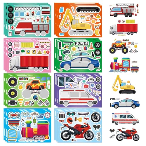 DUJAA 24 Sheets Vehicle Stickers for Kids, Make Your Own Police Car, Ambulance, Truck, Train, Motorcycles Engineering Vehicle Stickers for Toddlers, Brithday Party Supplies Classroom Teacher Reward