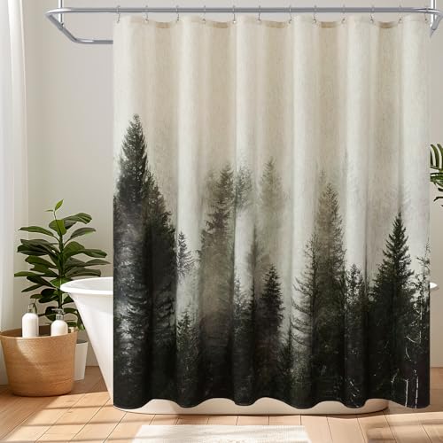 ORTIGIA Dark Green Misty Forest Linen Shower Curtain Nature Mountain Tree Woodland Shower Curtain Set for Bathroom Heavy Blend Fabric Curtains with 10 Metal Hooks 60x72 Inch