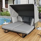 Merax 57" Patio Rattan Daybed with Retractable Sunshade Canopy, Iron Frame Outdoor Sunbed with Detachable Pillows for Patio, Backyard, Pool, Grey