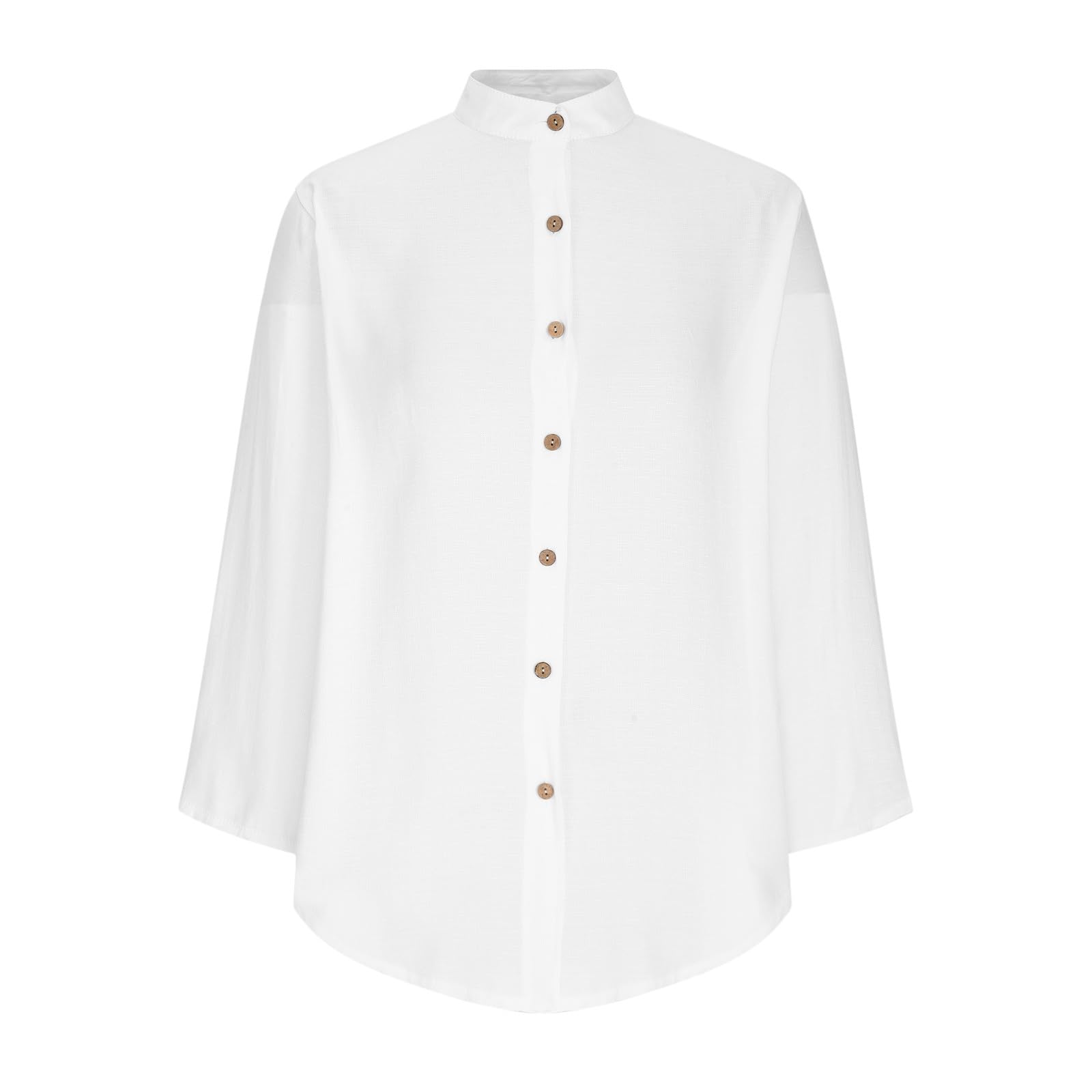 Camisa Mujer Lino Algodón Manga Larga Blusa Color Sólido Cuello en V Botones Bolsillos Elegante Transpirable