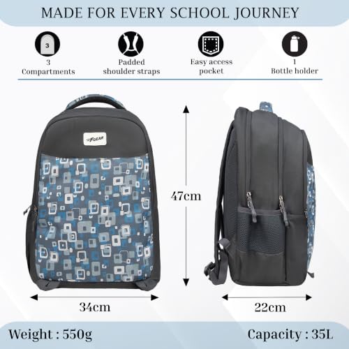 Image of F Gear Ryto Black 35L School Backpack with 3 Spacious Compartments, 1 Front Pocket & Side Bottle Holder, Airflow Padded Back, Lightweight & Durable Bag for School, Tuition, Travel and Work