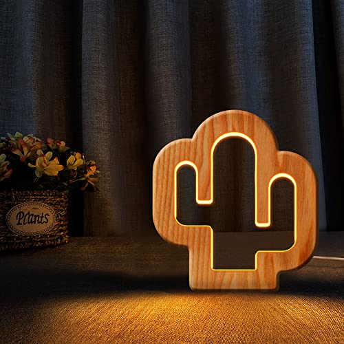 Vagasi Veilleuse LED en bois USB 3D Kawaii Lampe de table Décoration Chambre à Coucher Cadeau Anniversaire Noël Pour Enfants Bébé, Cactus Cover
