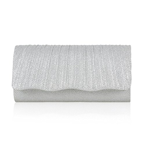 Damara Women Wave Hem Shining Pleated Snao Wedding Clutch,Silver