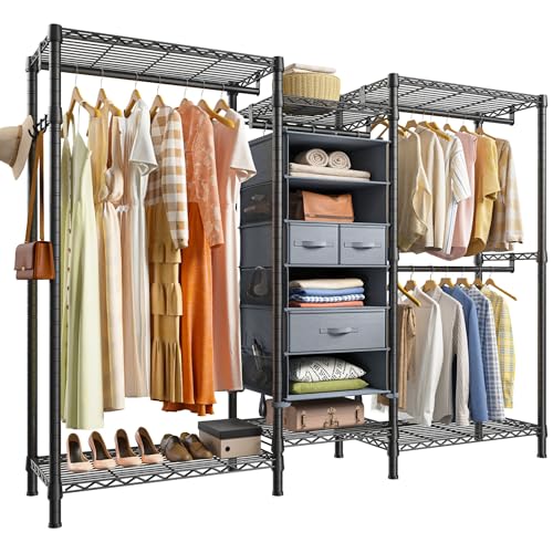 Raybee Heavy Duty Clothes Rack for Hanging Clothes, Garment Rack with 3 Hanging Rods, Portable Closet with 7 Drawers, Max Load 800LBS, 16