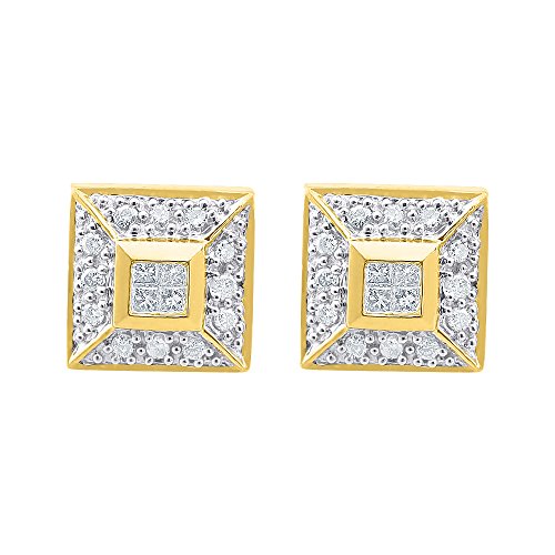 Corte Princesa & Round Diamante Pendientes 14 K oro amarillo Post Back