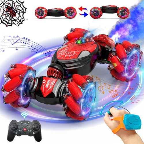 Aleath Stunt Car Remote Control Toys: Christmas Birthday Gifts 2.4Ghz Car - 4WD RC Gesture Sensing Toys for 360 Rotate - RC Cars with Light Music Fog for 4-6 5-7 8-13 Kids Boys Girls Red