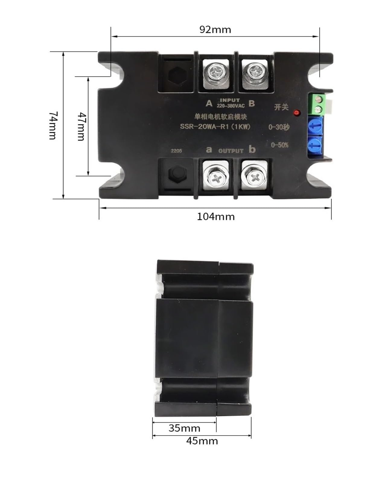 Arrancador Suave de Motor monofásico de 220 V, módulo de Arranque Suave, Compatible con 50-60 Hz, 2/4/6/8 kW(SSR-20WA-R1(1KW))