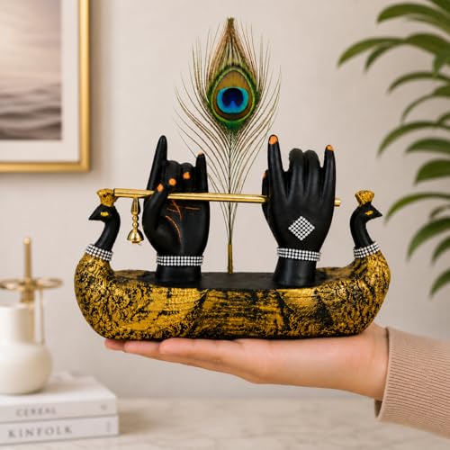 Image of CraftVatika Krishna Hand Showpiece with Flute Peacock Feather,Housewarming Gifts for New Home,Wedding for Couple Home Office Decor Decoration Items for Living Room,Griha Pravesh Gift