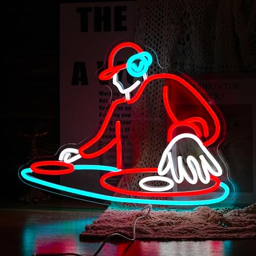 Image of DJ Player Neon Sign Bar Neon Light Wall Decor 16.5 * 12.6 Inch LED DJ Light Up Sign for Bar Club Live Music Concert Bedroom Party Neon Decor (USB Dimmable)