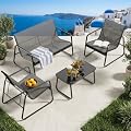 Gizoon 4 Piece Patio Furniture Set, Outdoor Conversation Set, with Glass Coffee Table, Loveseat, 2 Single Chairs, All Weather Textile Fabric, for Backyard, Balcony, Lawn, Garden, Poolside, Grey