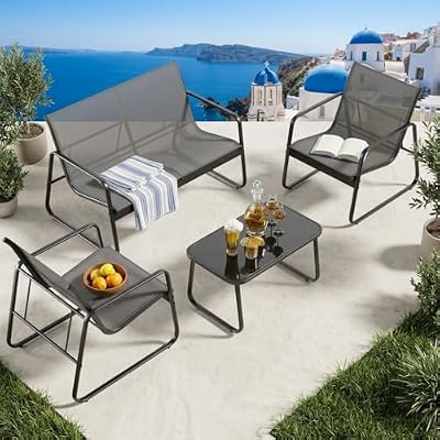 Gizoon 4 Piece Patio Furniture Set, Outdoor Conversation Set, with Glass Coffee Table, Loveseat, 2 Single Chairs, All Weather Textile Fabric, for Backyard, Balcony, Lawn, Garden, Poolside, Grey