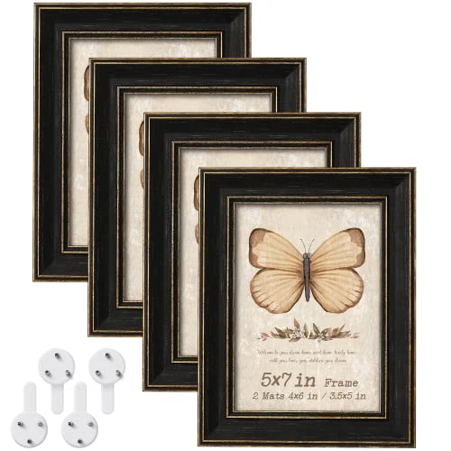 5X7 Picture Frame Set Of 4 With 2 Mats, Rustic Farmhouse Photo Frames With Tempered Glass, 4X6 And 3.5X5 With Mat Or 5X7 Without Mat For Wall Hanging Or Tabletop Display, Gallery Decor Gift Pack Black #TOP1