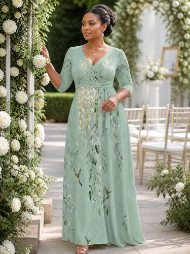 Image of PinkPatty Plus Size Maxi Dress for Women Casual V Neck 3 /4 Sleeve Boho Printed Long Dress with Pockets