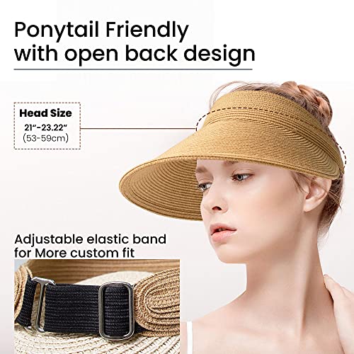 Roniky Women Straw Sun Visor Hat Wide Brim Summer Uv Protection Ponytail Visor Beach Cap Foldable Packable Upf 50+ Khaki #TOP1