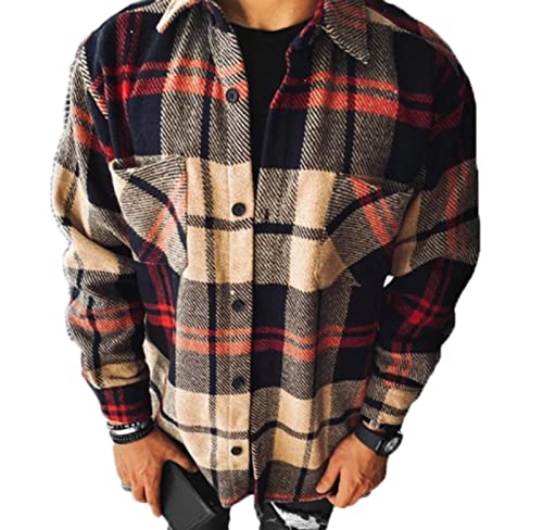 Camisa de Franela a Cuadros para Hombre Camisa a Cuadros de Manga Larga y Corte Ajustado estándar Abrigo Informal con Botones Tops con Bolsillo Cover
