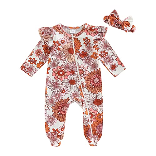 Image of BemeyourBBs Newborn Baby Girl Clothes Ruffle Baby Sleeper Zipper Footie Romper Playsuit with Headband Outfit