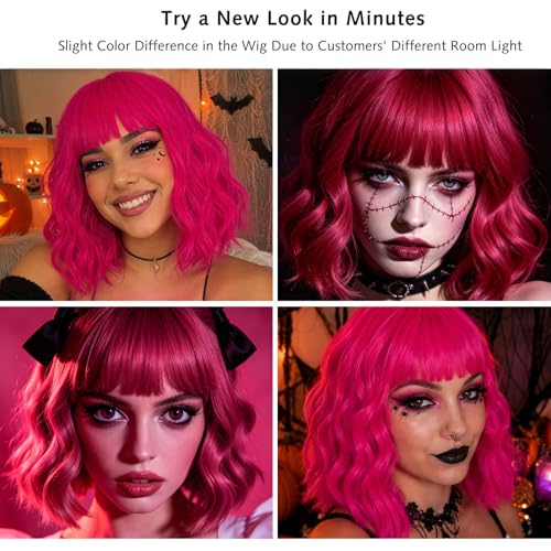 Image of Rose bud Wavy Bob Wig with Bangs Natural Hot Pink Wig Synthetic Hair Shoulder Length Short Curly Wigs for Women