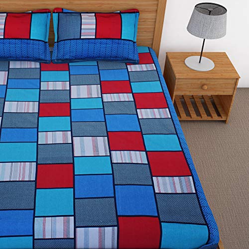 Image of Story@Home 120 TC 1 Bedsheet for Double Bed Cotton with 2 Pillow Covers, Geometric Pattern, Blue
