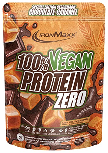 IronMaxx 100% Vegan Protein Zero - Chocolate-Caramel 500g | Veganes Eiweißpulver ohne Zucker | Low Carb Protein Shake, High Protein, laktosefrei, geeignet für Muskelaufbau & Diät