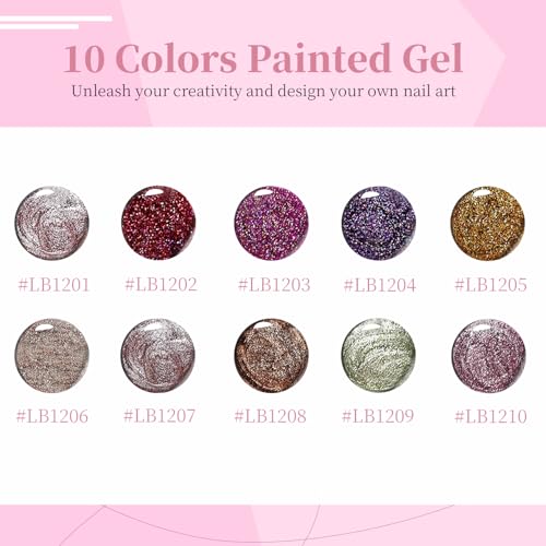 Image of JODSONE Nail Art Gel Liner Set 10 Colors Glitter Purple Gold Green Gel Nail Polish Need U V Lamp Cured with Thin Brush at Home Salon Design,Gifts for Women