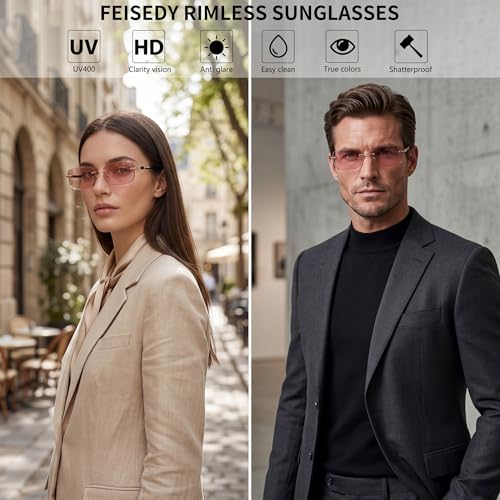 Image of FEISEDY Rimless Sunglasses Y2K Retro Small Narrow Clear Eyewear Vintage Rectangle Sunglasses for Women Men B2643