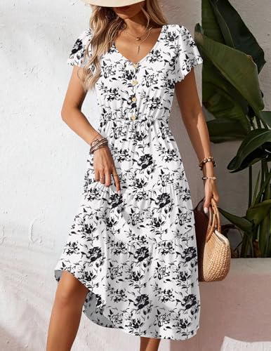 Image of Zeagoo Women's Summer Casual Dress Flutter Short Sleeve V Neck Button Down Tiered Flowy Long Dress with Pockets