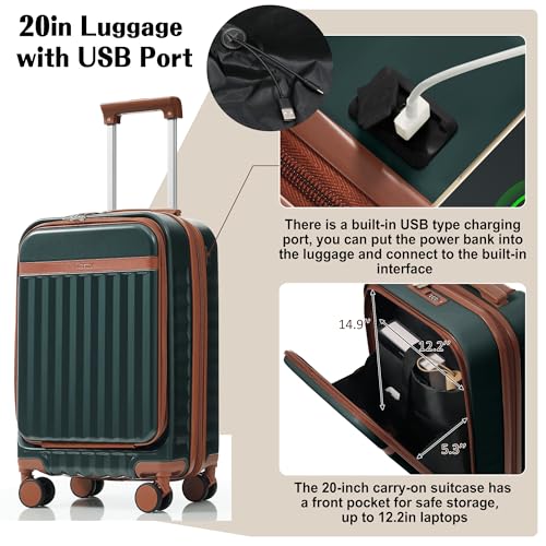 Image of Hardshell Luggage, Lightweight Suitcase with Spinner Wheels, DARK GREEN+USB