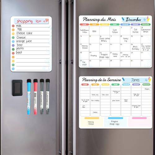 ANLIOTE Calendrier Magnétique pour Frigo, Effaçable à Sec, 3 Plannings Mensuel, Hebdomadaire et Quotidien à Coller sur le Réfrigérateur, Liste de Courses, Tableau...