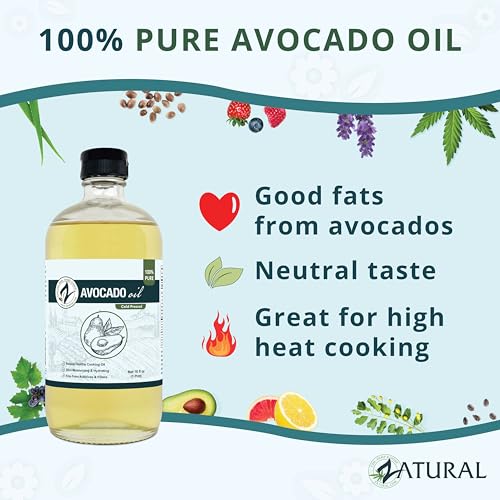 Image of Zatural 100% Pure Cold Pressed Avocado Oil GLASS Bottle - Non-GMO Refined, High Smoke Point 500F+, Perfect for Cooking Frying Baking Grilling, Dressings Sauces Marinades & Skincare Hair (16 fl oz)