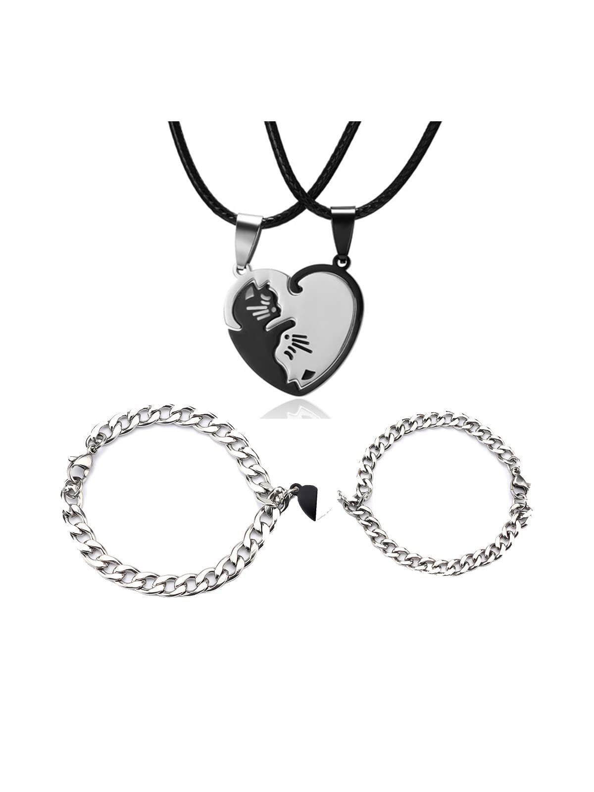 4Pcs Couples Matching Necklaces Bracelets Set for Boyfriend Girlfriend, Stainless Steel Cat Puzzle Heart Pendant Necklaces Cuban Chain Magnetic Love Heart Bracelets Two Soul One Heart Jewelry Set, Stainless Steel, No Gemstone (B09PVMY1F3) Amazon Price History, Amazon Price Tracker