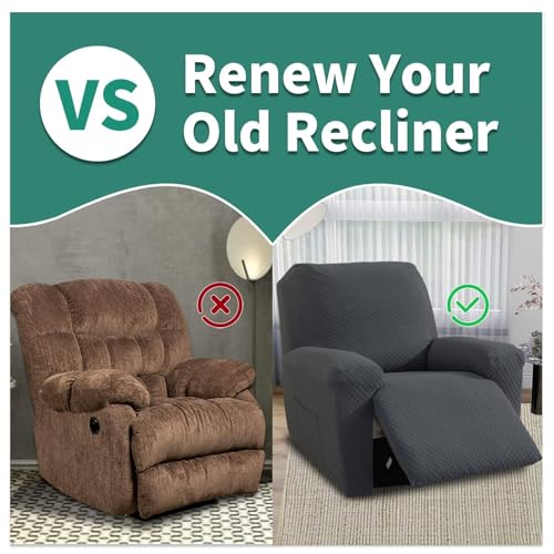 Image of YEMYHOM 4 Pieces Oversized Stretch Recliner Slipcover Jacquard Large Recliner Chair Cover with Side Pocket Anti-Slip Fitted Furniture Protector with Elastic Bottom (X-Large Recliner, Dark Gray)