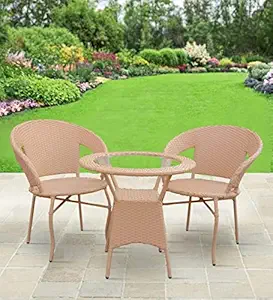 OMCCO 3 Pieces Patio set Outdoor Rattan,Balcony Garden Chiar Set Wicker Chair and Table, Patio Conversation Set and Table Glass, Backyard, Porch, Garden, Poolside (Beige)