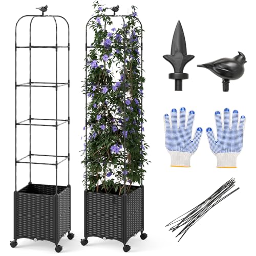 COSTWAY Rankhilfe mit Blumenkasten auf Rollen, 211cm Garten Obelisk, beschichtetes Metall & PP, höhenverstellbar, Rankgitter mit Pflanzkasten & Selbstbewässerung, für Kletterpflanzen Tomaten Blumen