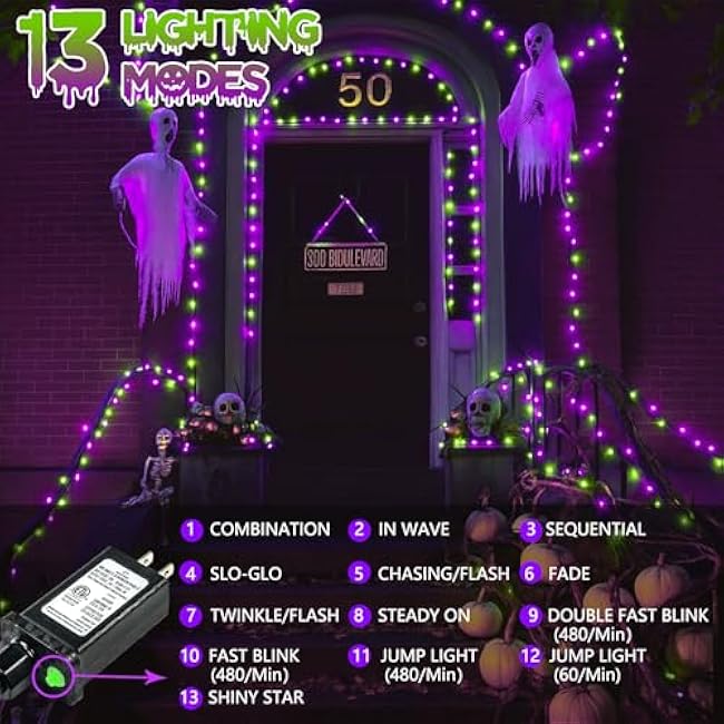 2-Pack 66FT 200 LED Extendable Halloween String Lights, Purple and Green Halloween Decorations Outdoor Indoor Tree Lights,13 Modes Plug in Mini Fairy Lights Waterproof with Timer and Memory Function