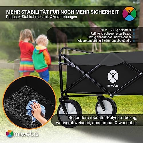 Miweba Faltbarer Bollerwagen MB-35 | Traglast 120 Kg - Klappbar - Handwagen faltbar - Transportwagen für Kinder - Kinderwagen - Gartenwagen - Wagen - Strandwagen - Faltwagen (Schwarz/Dunkelgrau) – Bild 7