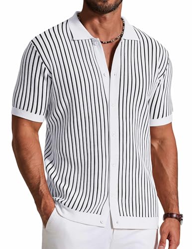Image of COOFANDY Mens Knit Button Down Shirts Short Sleeve Polo Shirt Vintage Striped Casual Shirts